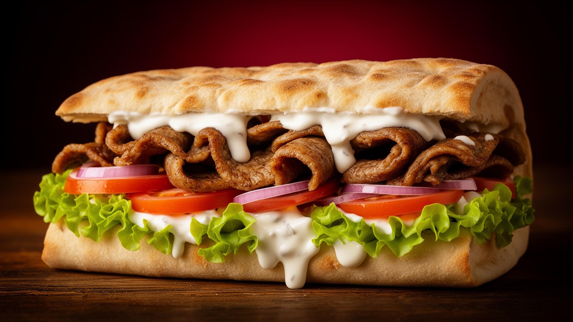 Kebab pita servi avec salade, tomate et sauce blanche